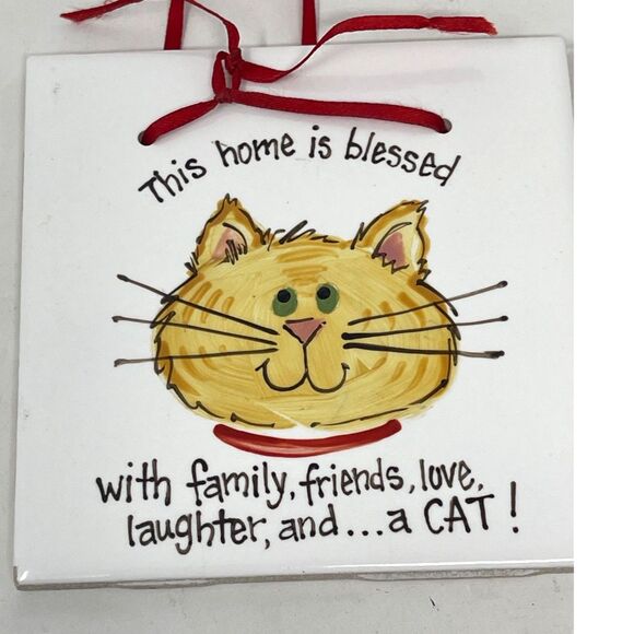 Vintage Cat Tile Blessed House Kitty Wall Plaque Ceramic Art 4"x4" Humor Trinket - Picture 2 of 5